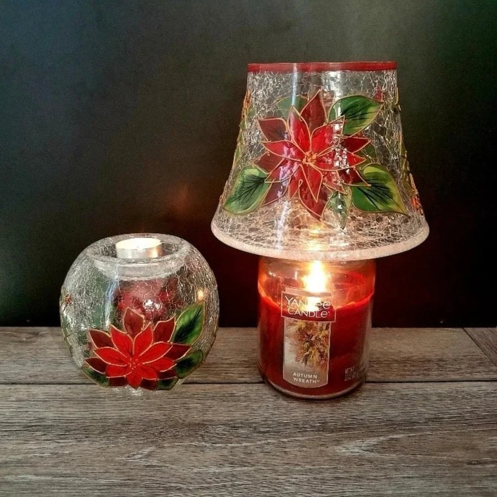 Yankee Candle Crackle Glass Cardinal Lamp Set Votive Holder Hurricane Shade